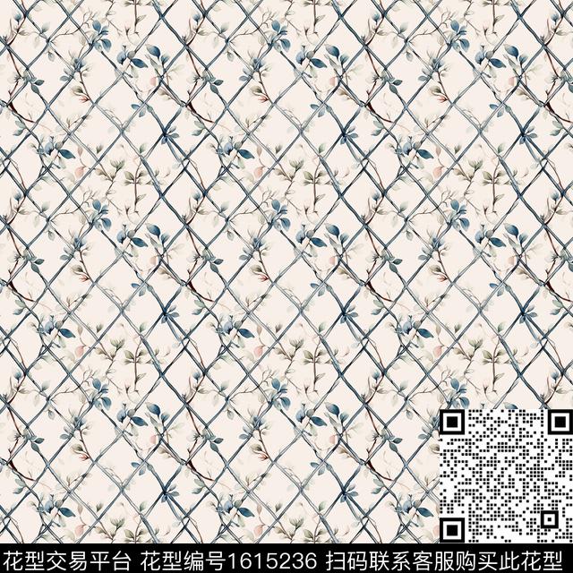 水彩格子花卉数码印花华亿平台下载（图片编号: 1615236） - 瓦栏（Walan）