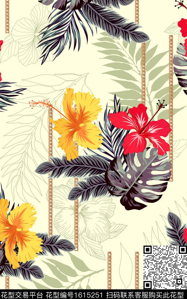 花卉热带华亿平台棕榈树数码印花华亿平台下载（图片编号: 1615251） - 瓦栏（Walan）