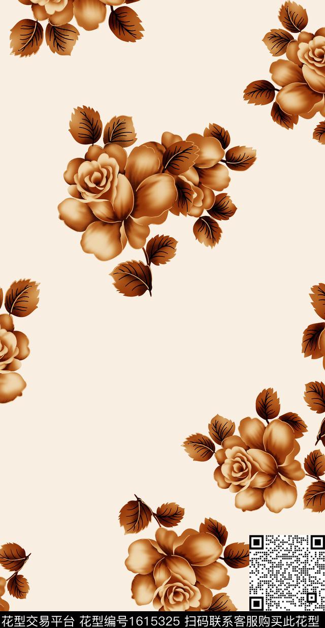 大花花卉清爽底花卉数码印花华亿平台下载（图片编号: 1615325） - 瓦栏（Walan）