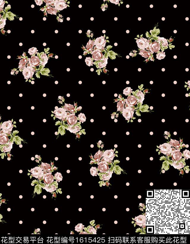 花卉黑底花卉波点数码印花华亿平台下载（图片编号: 1615425） - 瓦栏（Walan）