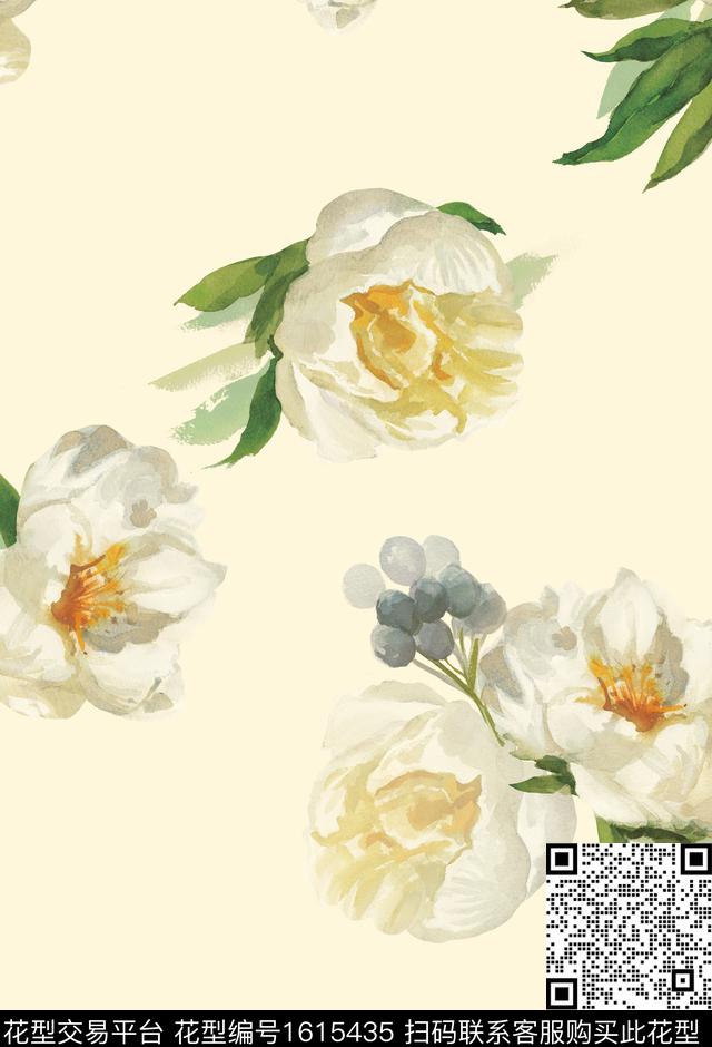 大花花卉手绘花卉数码印花华亿平台下载（图片编号: 1615435） - 瓦栏（Walan）