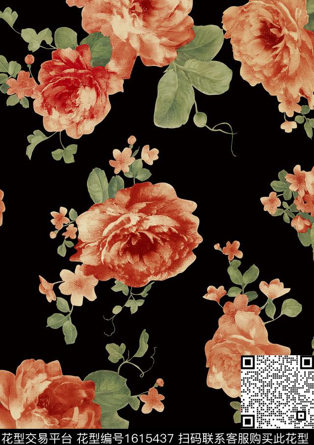 复古花卉大花数码印花华亿平台下载（图片编号: 1615437） - 瓦栏（Walan）
