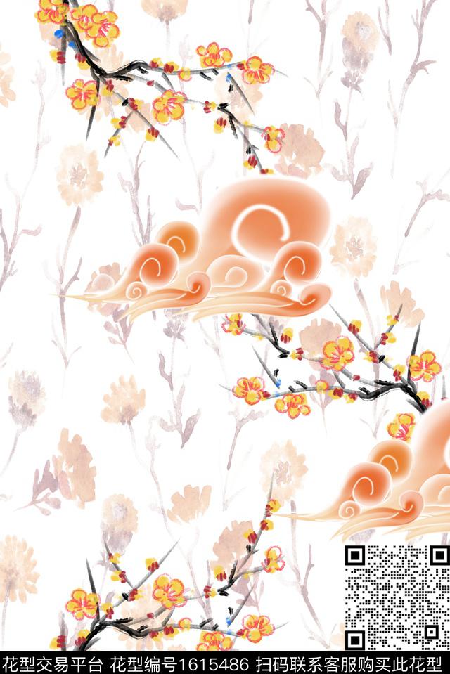中国风花卉祥云数码印花华亿平台下载（图片编号: 1615486） - 瓦栏（Walan）