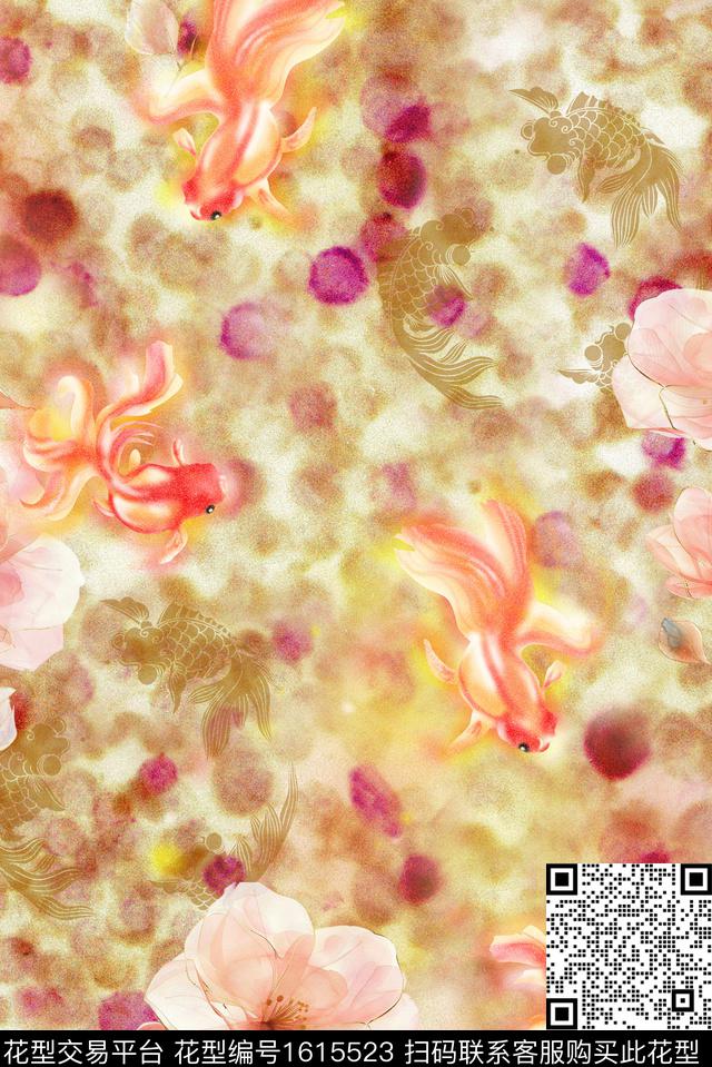 花卉金鱼水彩数码印花华亿平台下载（图片编号: 1615523） - 瓦栏（Walan）