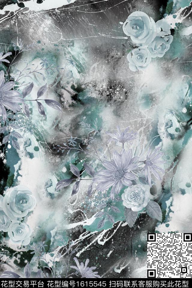 晕染肌理水彩花卉水墨风数码印花华亿平台下载（图片编号: 1615545） - 瓦栏（Walan）