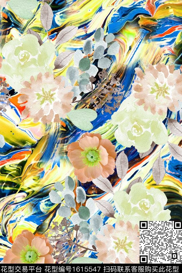晕染肌理水彩花卉抽象数码印花华亿平台下载（图片编号: 1615547） - 瓦栏（Walan）