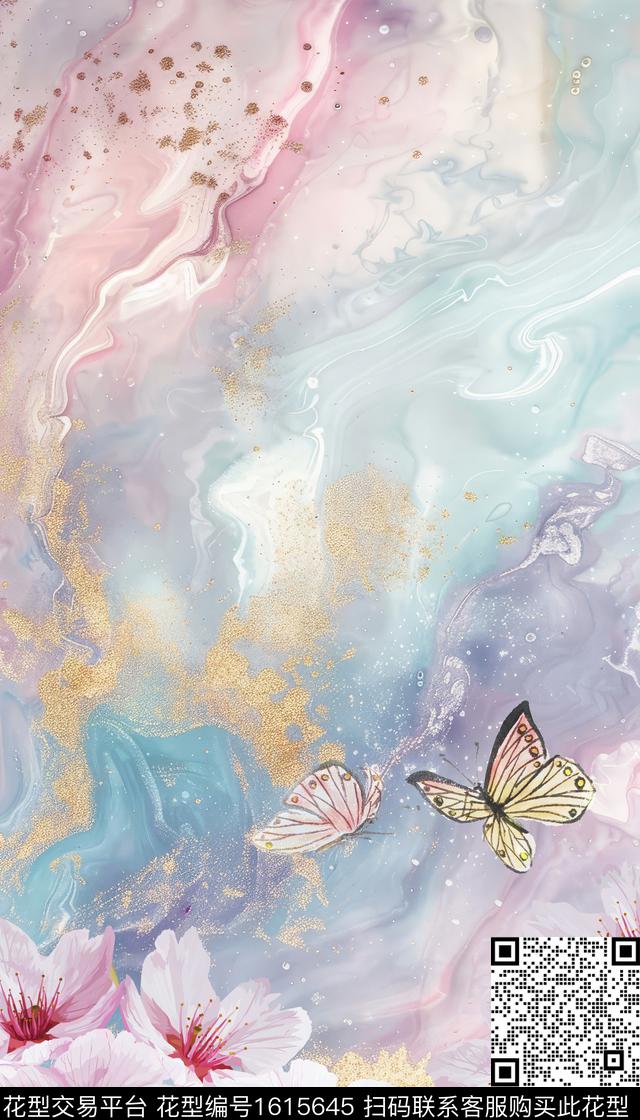 花卉蝴蝶定位花数码印花华亿平台下载（图片编号: 1615645） - 瓦栏（Walan）