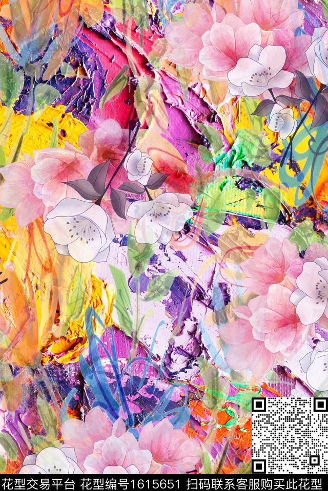 晕染肌理水彩花卉玉兰花数码印花华亿平台下载（图片编号: 1615651） - 瓦栏（Walan）