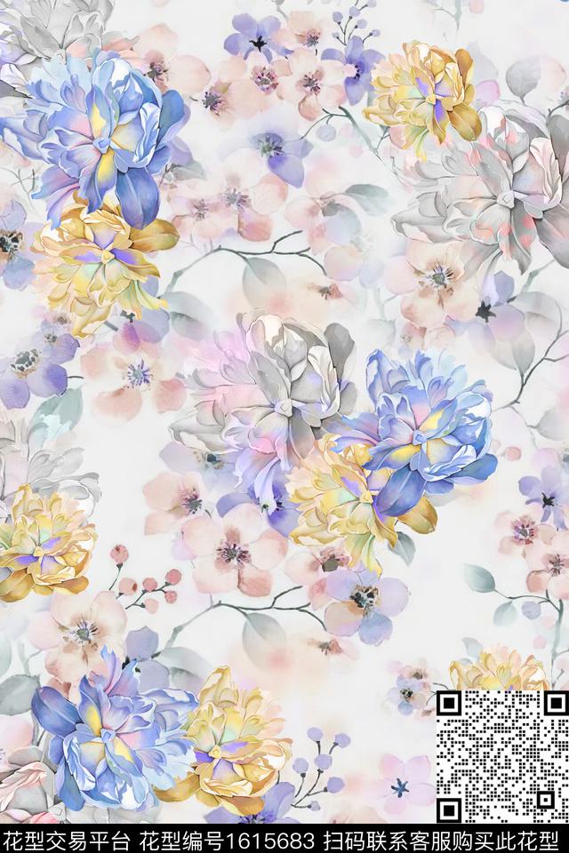花卉影花手绘数码印花华亿平台下载（图片编号: 1615683） - 瓦栏（Walan）