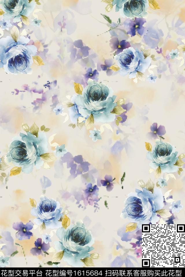 花卉水彩花卉朦胧花卉数码印花华亿平台下载（图片编号: 1615684） - 瓦栏（Walan）