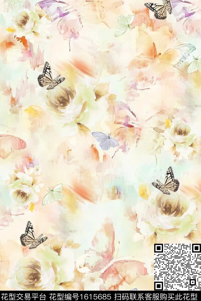 花卉蝴蝶模糊花卉数码印花华亿平台下载（图片编号: 1615685） - 瓦栏（Walan）