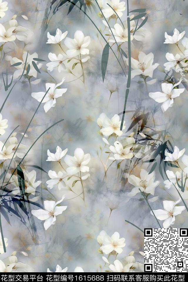 花卉水彩花卉竹叶数码印花华亿平台下载（图片编号: 1615688） - 瓦栏（Walan）