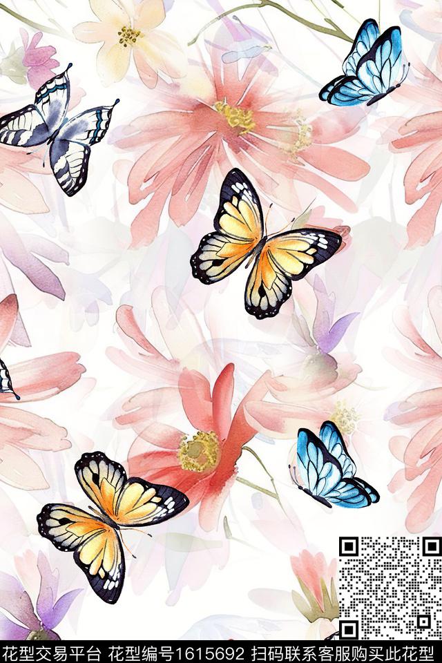 花卉水彩花卉蝴蝶数码印花华亿平台下载（图片编号: 1615692） - 瓦栏（Walan）