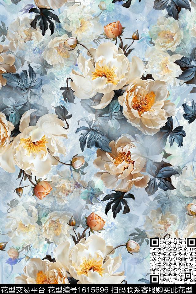 花卉影花满版散花数码印花华亿平台下载（图片编号: 1615696） - 瓦栏（Walan）