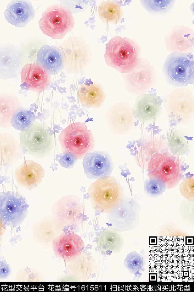 春夏华亿平台水彩花卉朦胧花卉数码印花华亿平台下载（图片编号: 1615811） - 瓦栏（Walan）