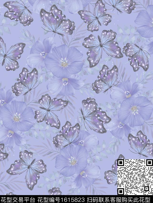 花卉影花蝴蝶数码印花华亿平台下载（图片编号: 1615823） - 瓦栏（Walan）