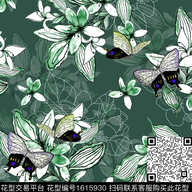 蝴蝶影花水彩花卉数码印花华亿平台下载（图片编号: 1615930） - 瓦栏（Walan）