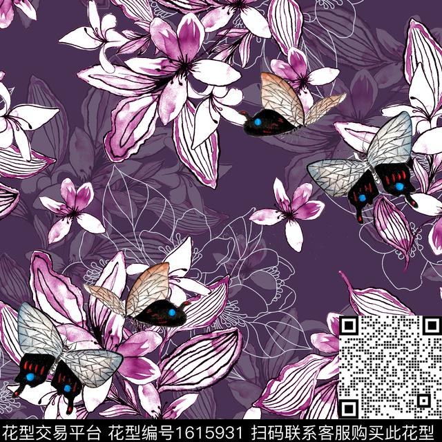 休闲水彩花卉花卉蝴蝶数码印花华亿平台下载（图片编号: 1615931） - 瓦栏（Walan）