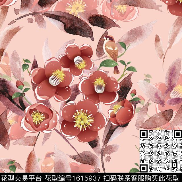 休闲水彩花卉花鸟数码印花华亿平台下载（图片编号: 1615937） - 瓦栏（Walan）