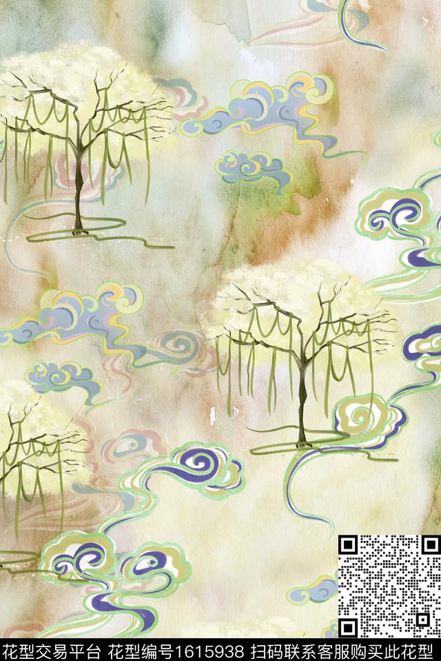 中国风祥云树数码印花华亿平台下载（图片编号: 1615938） - 瓦栏（Walan）
