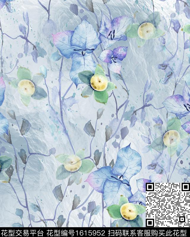 晕染肌理水彩花卉水果数码印花华亿平台下载（图片编号: 1615952） - 瓦栏（Walan）