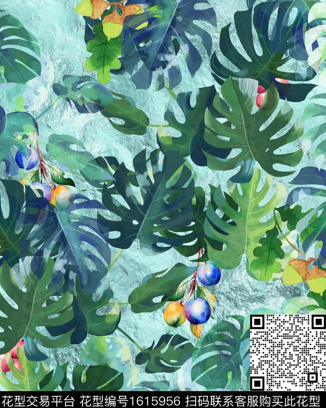 水彩棕榈叶水果数码印花华亿平台下载（图片编号: 1615956） - 瓦栏（Walan）
