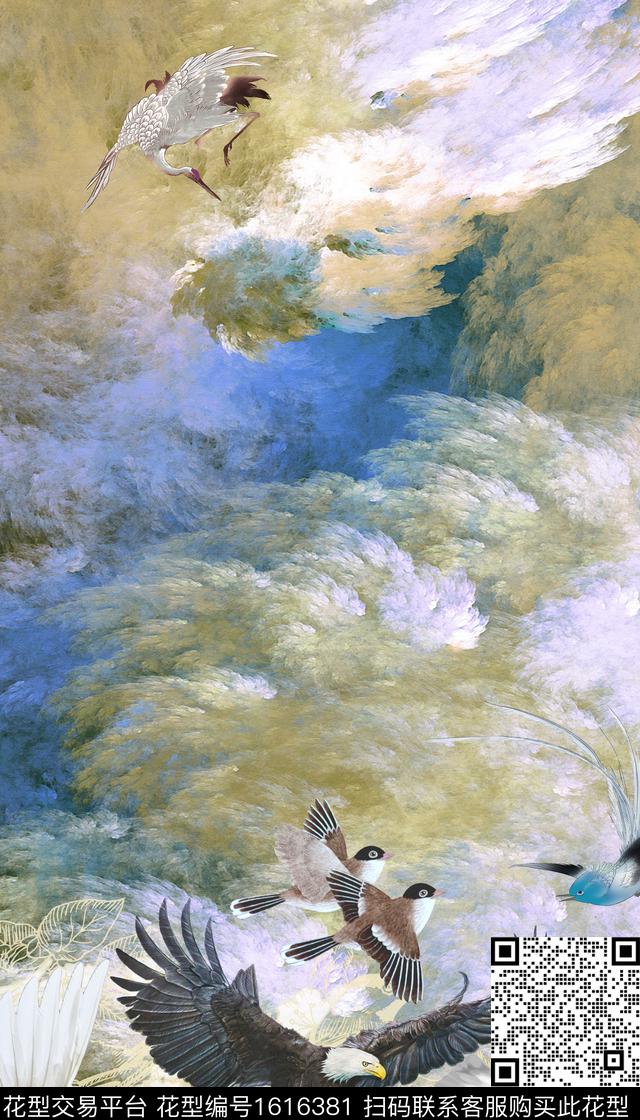 中国风仙鹤鹰数码印花华亿平台下载（图片编号: 1616381） - 瓦栏（Walan）