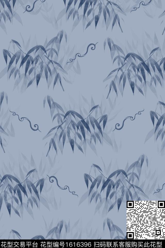 水彩竹叶中国风数码印花华亿平台下载（图片编号: 1616396） - 瓦栏（Walan）