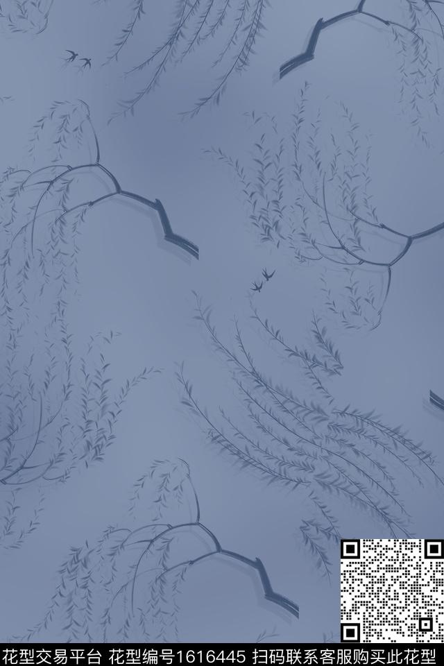杨柳树枝燕子数码印花华亿平台下载（图片编号: 1616445） - 瓦栏（Walan）