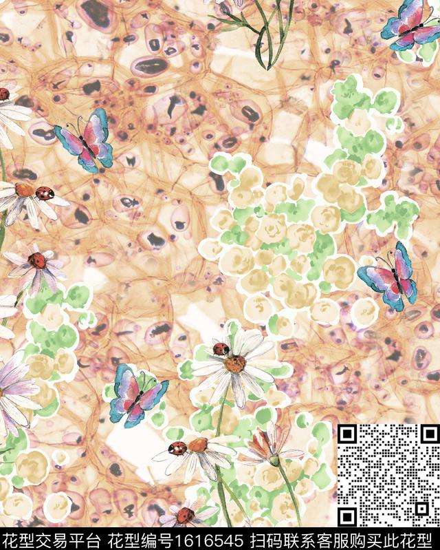 花卉水彩花卉蝴蝶数码印花华亿平台下载（图片编号: 1616545） - 瓦栏（Walan）