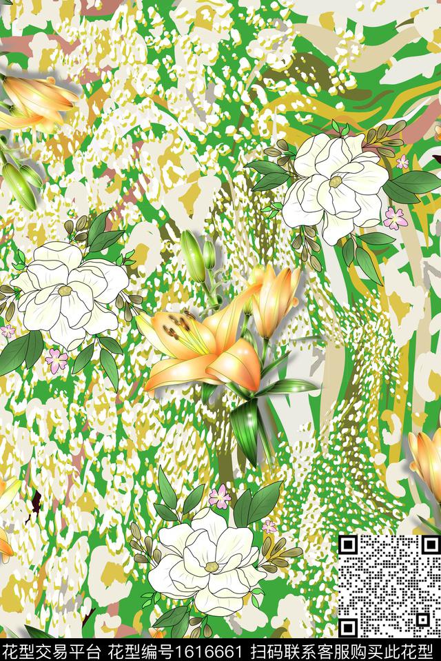 豹纹百合玉兰花数码印花华亿平台下载（图片编号: 1616661） - 瓦栏（Walan）