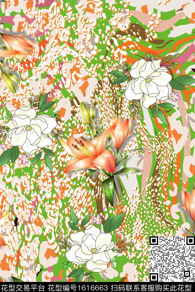 花卉百合线条画数码印花华亿平台下载（图片编号: 1616663） - 瓦栏（Walan）