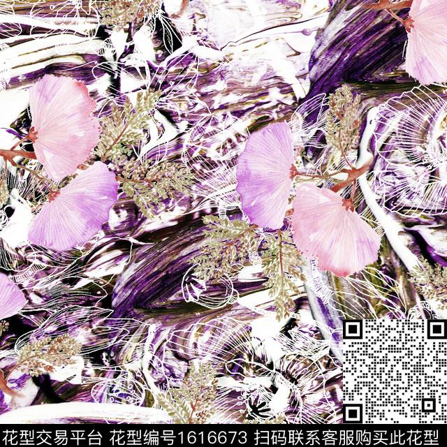 线条花卉银杏叶花卉数码印花华亿平台下载（图片编号: 1616673） - 瓦栏（Walan）