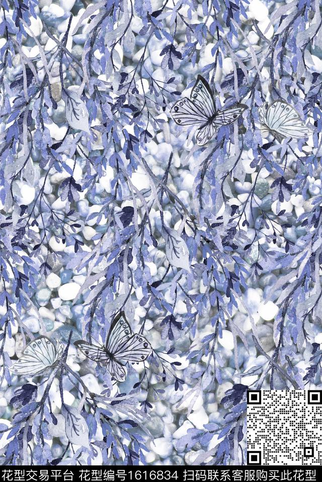 水彩蝴蝶绿植树叶数码印花华亿平台下载（图片编号: 1616834） - 瓦栏（Walan）