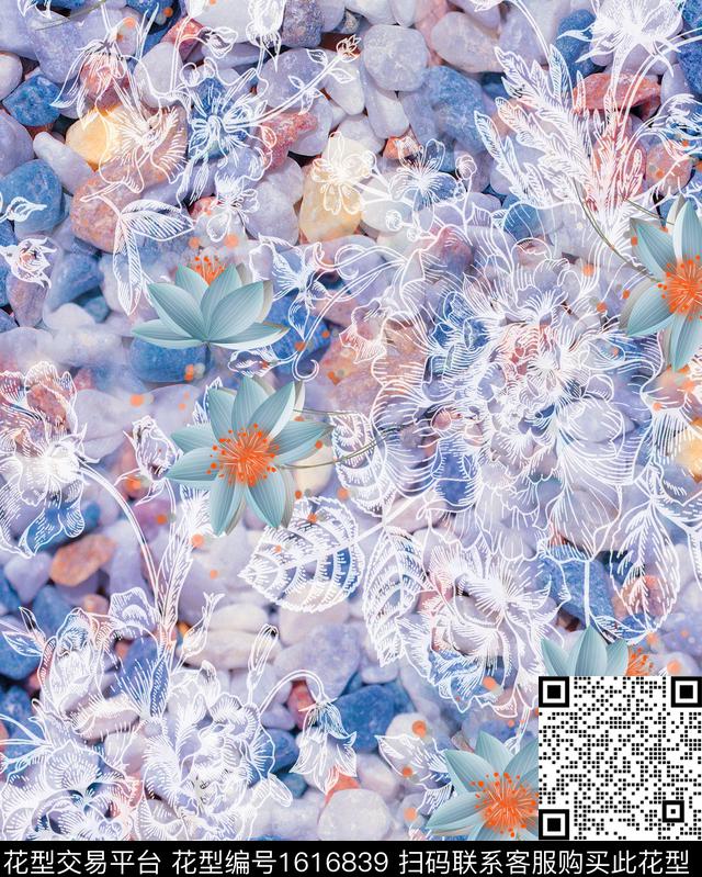花卉石头线条花卉数码印花华亿平台下载（图片编号: 1616839） - 瓦栏（Walan）