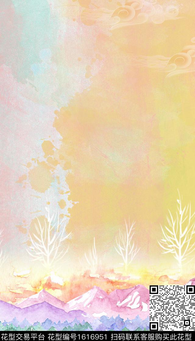 山川树林水彩数码印花华亿平台下载（图片编号: 1616951） - 瓦栏（Walan）