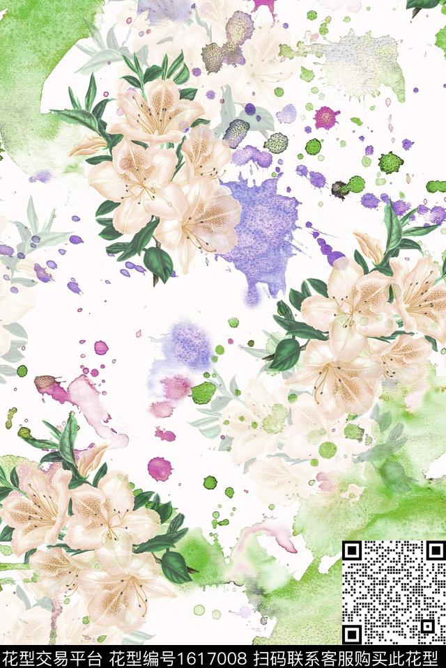 晕染肌理水彩花卉玉兰花数码印花华亿平台下载（图片编号: 1617008） - 瓦栏（Walan）