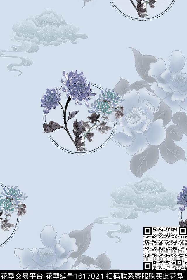 菊花水彩花卉水墨风数码印花华亿平台下载（图片编号: 1617024） - 瓦栏（Walan）