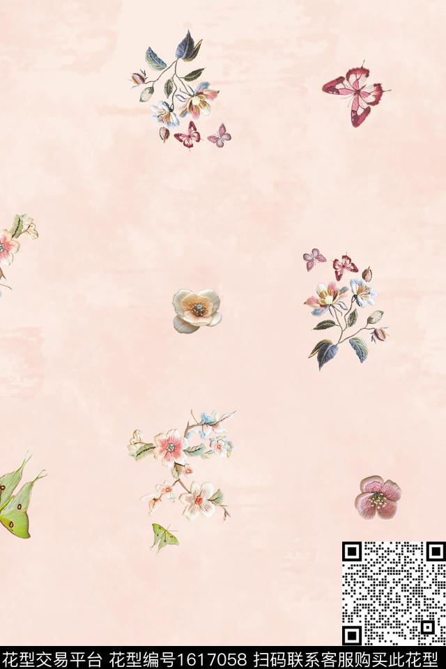 花卉蝴蝶清爽底花卉数码印花华亿平台下载（图片编号: 1617058） - 瓦栏（Walan）