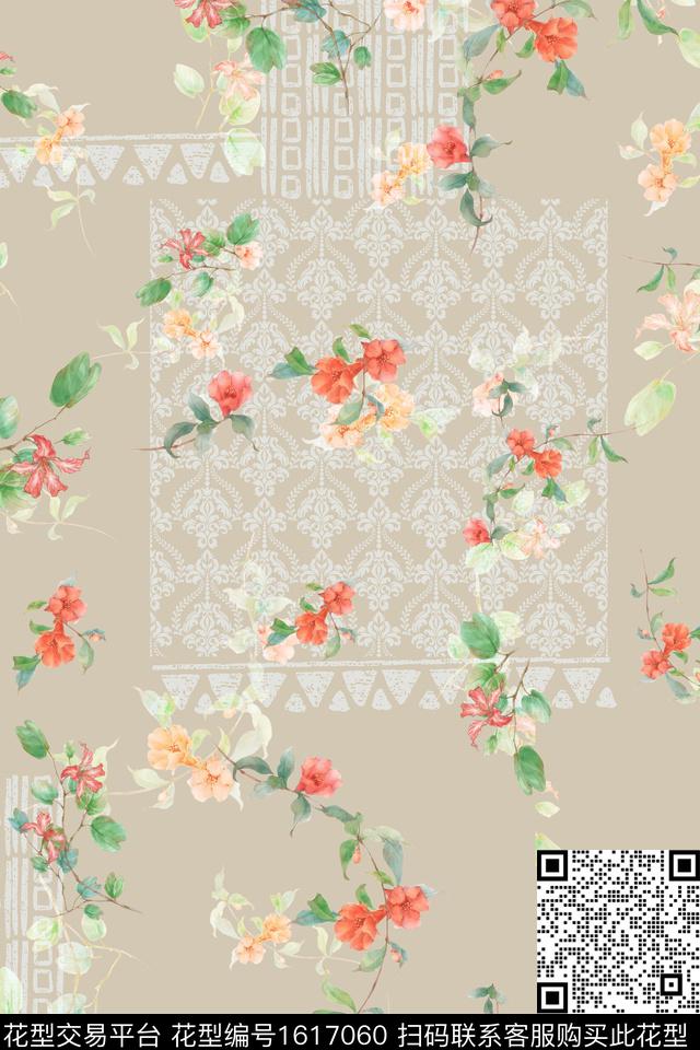 花卉底纹混合拼接数码印花华亿平台下载（图片编号: 1617060） - 瓦栏（Walan）