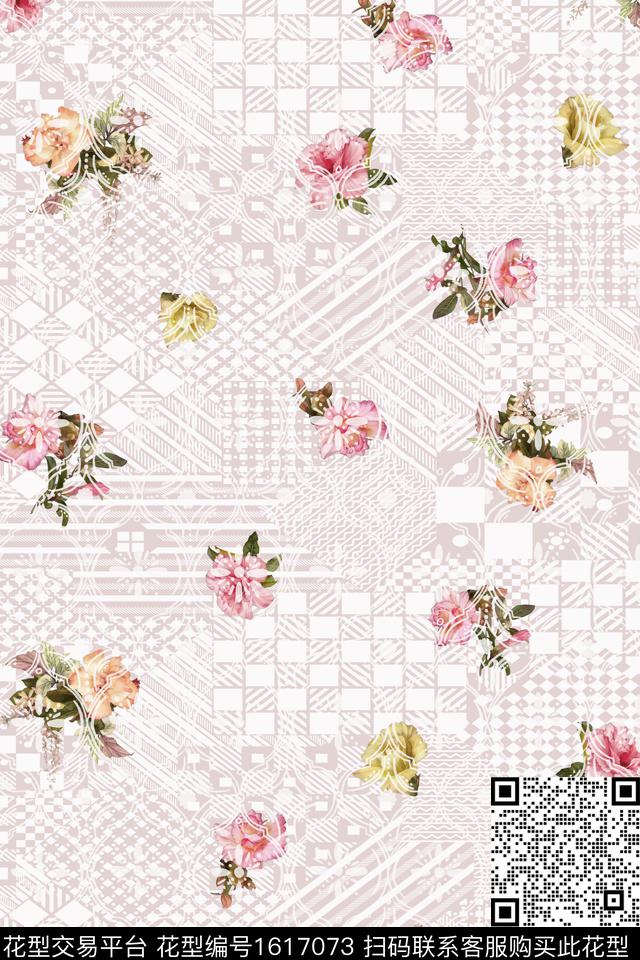 花卉混合拼接底纹数码印花华亿平台下载（图片编号: 1617073） - 瓦栏（Walan）
