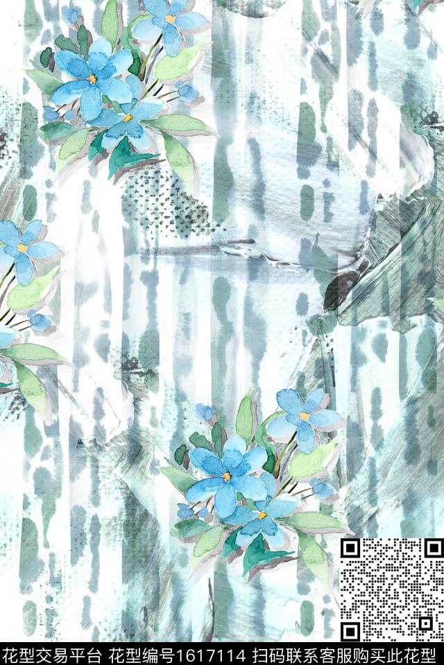 花卉水彩花卉条纹数码印花华亿平台下载（图片编号: 1617114） - 瓦栏（Walan）