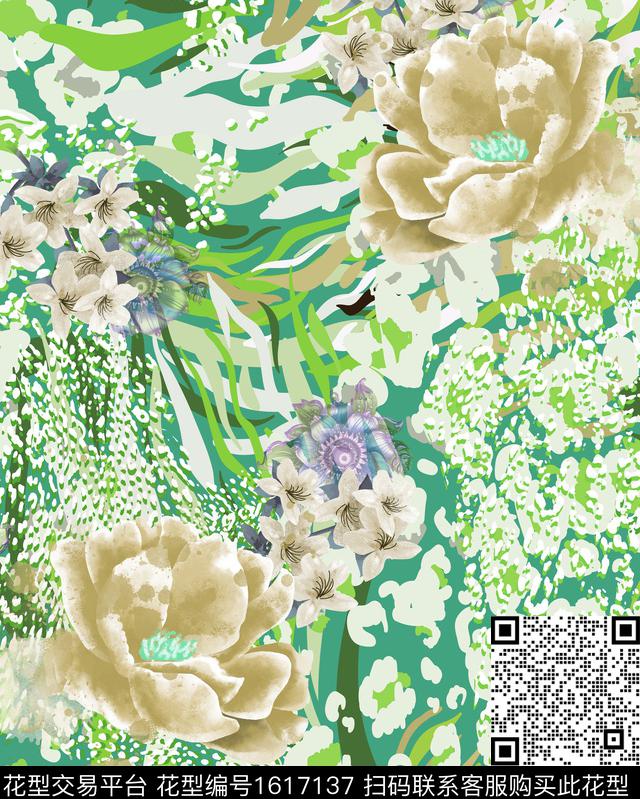 花卉水彩花卉波点数码印花华亿平台下载（图片编号: 1617137） - 瓦栏（Walan）