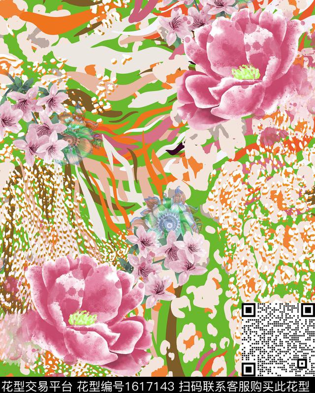 豹纹小碎花水彩花卉数码印花华亿平台下载（图片编号: 1617143） - 瓦栏（Walan）