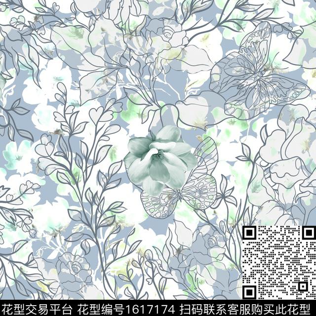 花卉线条花卉影花数码印花华亿平台下载（图片编号: 1617174） - 瓦栏（Walan）