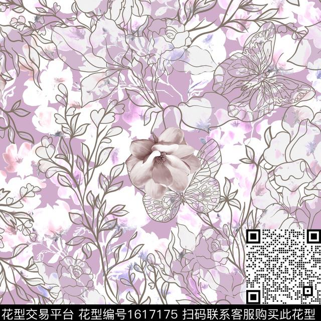 晕染肌理玉兰花花卉蝴蝶数码印花华亿平台下载（图片编号: 1617175） - 瓦栏（Walan）