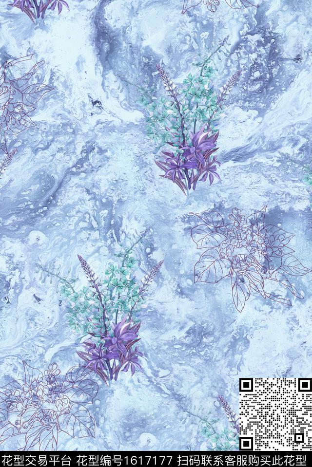 花卉线条花卉渐变数码印花华亿平台下载（图片编号: 1617177） - 瓦栏（Walan）