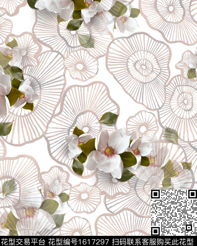 花卉影花线条花卉数码印花华亿平台下载（图片编号: 1617297） - 瓦栏（Walan）