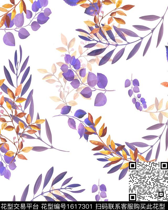 小清新水彩绿植树叶数码印花华亿平台下载（图片编号: 1617301） - 瓦栏（Walan）