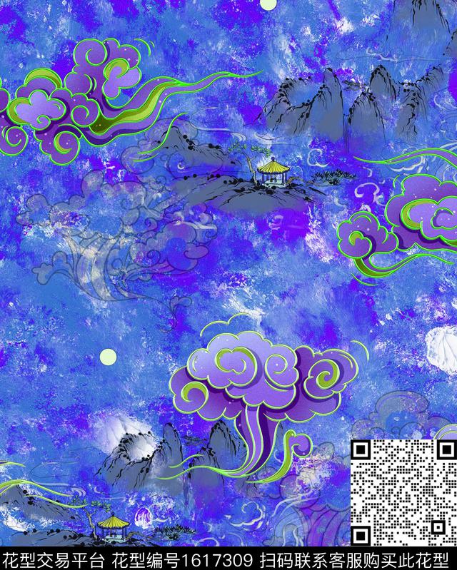 晕染肌理油画华亿平台祥云数码印花华亿平台下载（图片编号: 1617309） - 瓦栏（Walan）